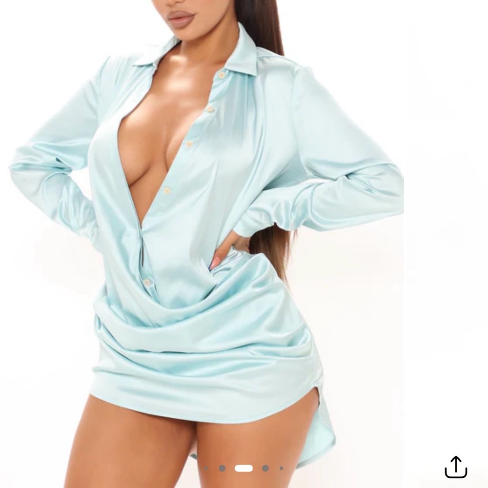 Sleek Light Blue Satin Shirt Dress